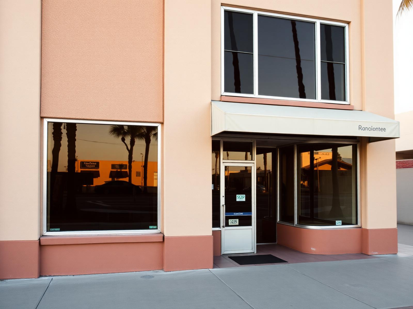 Classic Southern California small-business storefront with warm stucco facade and afternoon light