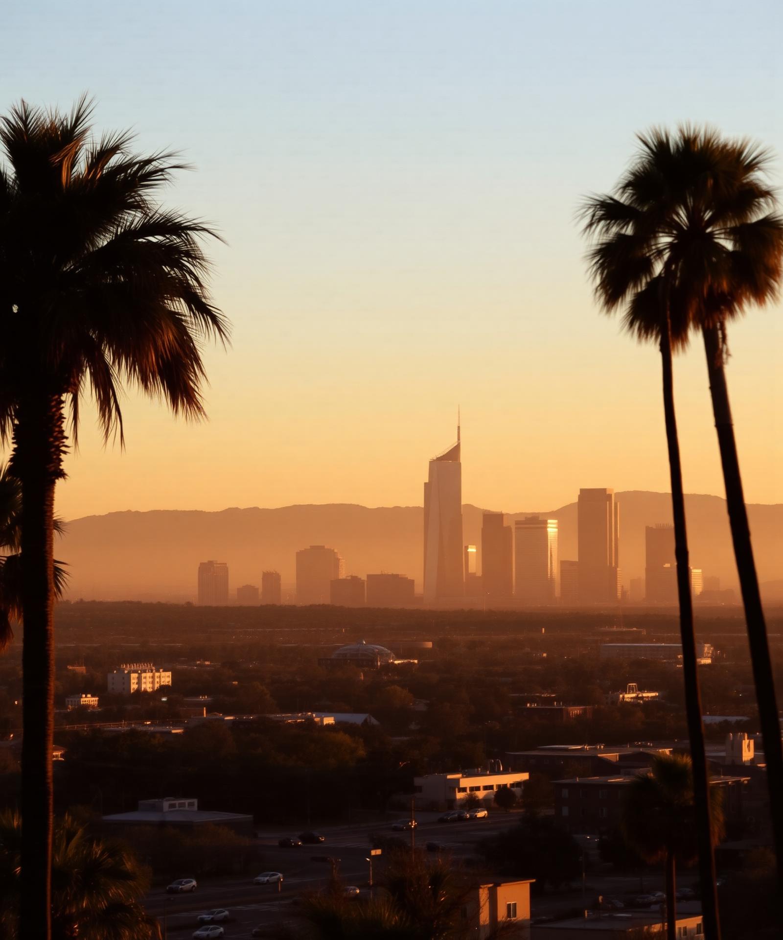 Los Angeles skyline at golden hour framed by palm trees — the city Rhynes has served for generations