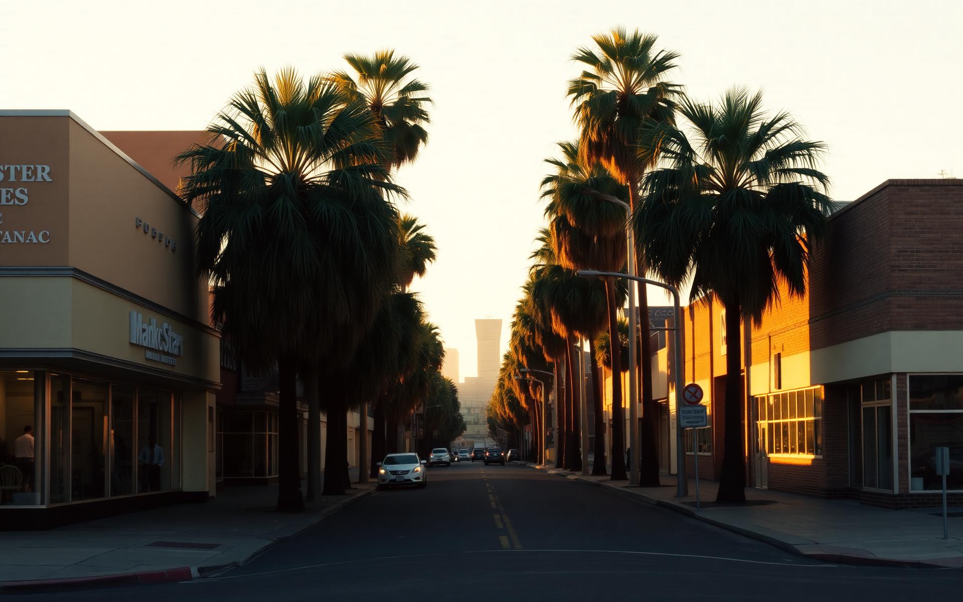 South Los Angeles neighborhood street at golden hour, palm trees lining Manchester Avenue